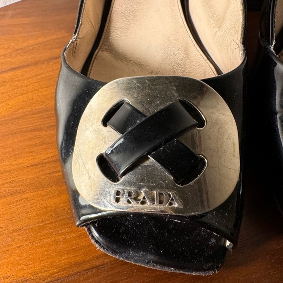 Prada Black Patent Leather Peep Toe Block Heel Pumps Size 40.5 - Picture 7 of 15